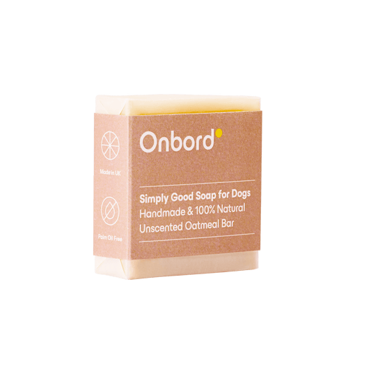 Onbord Unscented Oatmeal Soap Bar for dogs, handmade, palm oil-free, gentle ingredients for sensitive skin.