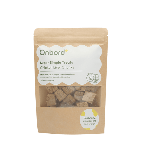 Onbord Super Simple Treats Chicken Liver Chunks in eco-friendly packaging, made with organic chicken liver for dogs.