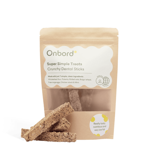 Onbord Super Simple Treats crunchy dental sticks packaged in eco-friendly bag, promoting dental health and natural ingredients.