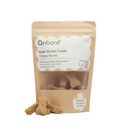 Onbord Organic Cheesy Bones snack packaging showing tasty, clean ingredients and dog-friendly treats.